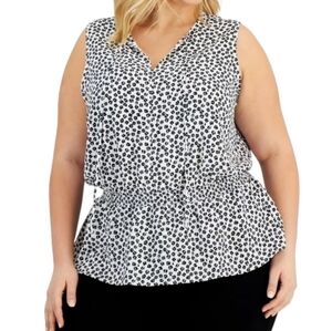 Alfani Women's Sleeveless Black and White Flower Smocked Waist Peplum Top, 1X